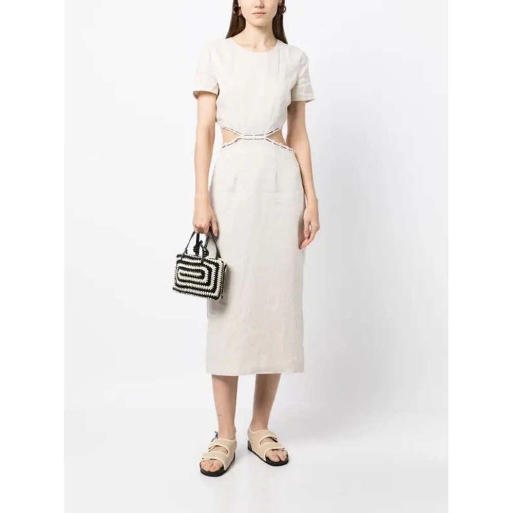 STAUD Matteo Cut Out Linen Midi Dress Beige Sz 2 Clean Girl Minimalist Parisian